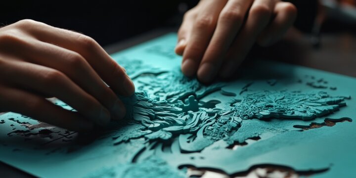Close-up hands putting together a map puzzle, symbolizing the process of learning and exploring geography.