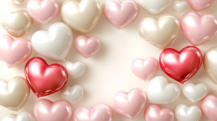 Beautiful hearts in various shades of red, pink, and white create charming and romantic background. glossy finish adds playful touch, perfect for celebrations or love themed events