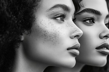 Three identical portraits of a woman's profile.