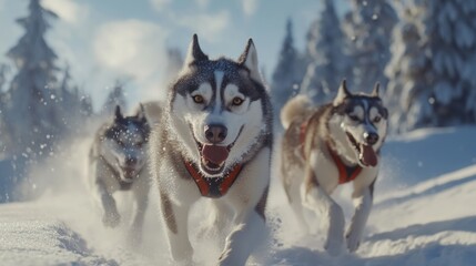 Dog sled racing in a winter setting. Huskies are energetically pulling the sled.