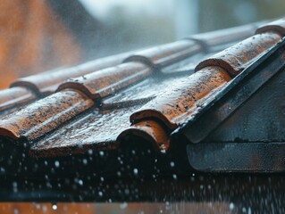 Rain on a red clay tile roof with water pooled in gutter.