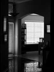 Entrance to home with window blinds and reflection in black and white monochrome
