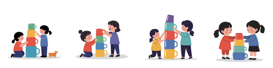  children stack colorful cups. A set of vector illustrations on a white background