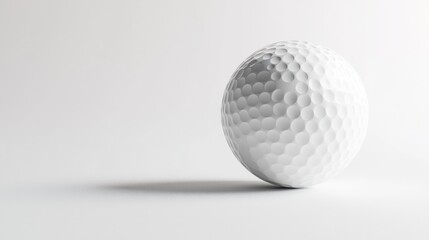 Close-up of a white golf ball, resting on a flat surface with soft lighting that reflects off the ball's dimpled pattern.