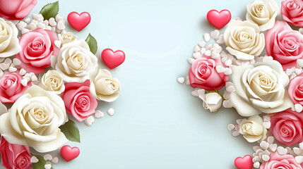 Beautiful arrangement of pink and white roses with heart shapes and delicate petals, creating romantic and elegant atmosphere perfect for celebrations or special occasions