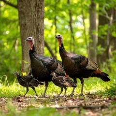 Fototapeta premium Wild turkeys family in forest