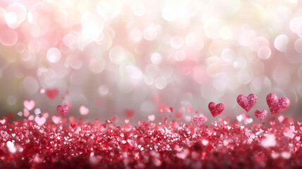 Beautiful background with mix of pink and red hearts, sparkling glitter, and soft bokeh lights creating romantic atmosphere perfect for celebrations and special occasions