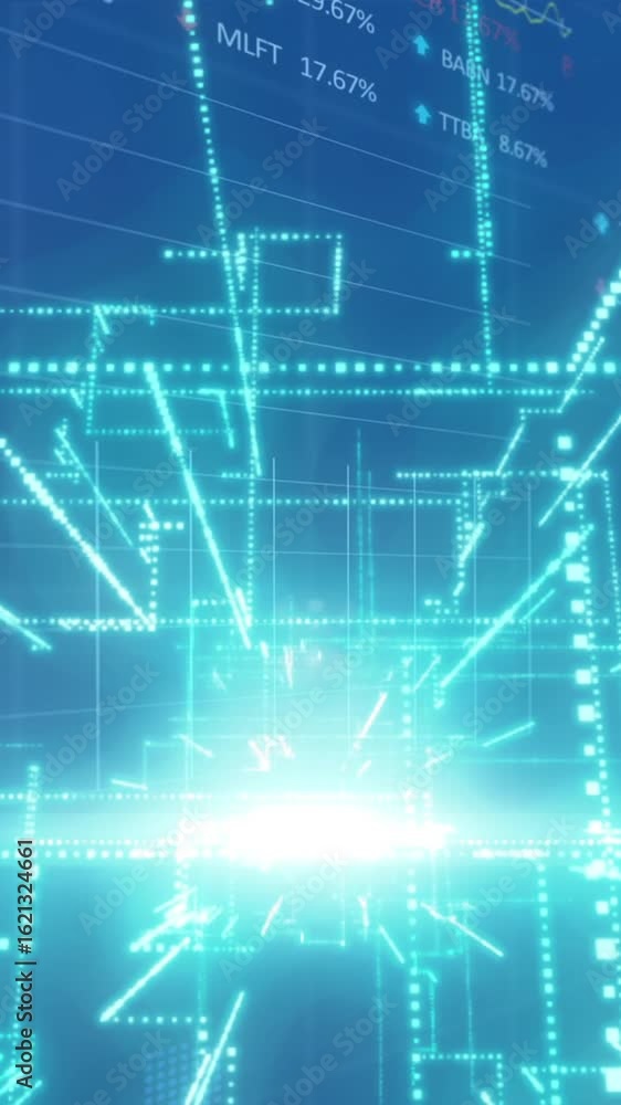 Poster animation of data processing and shapes over blue background