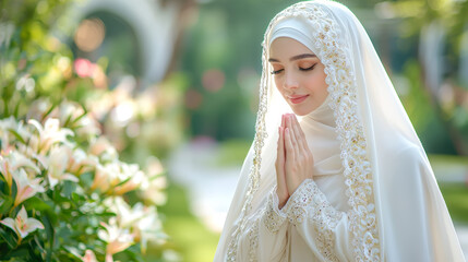 Serene young woman in white hijab is seen in prayer, surrounded by lush greenery and blooming flowers, conveying sense of peace and spirituality