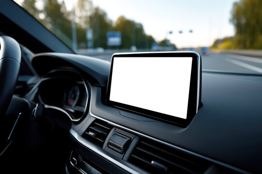 Modern car interior with a close-up of a dashboard display featuring a blank screen