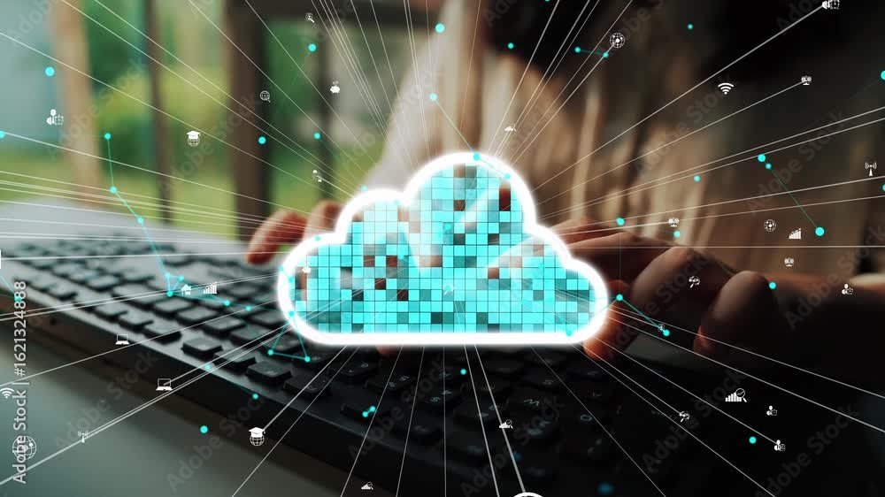 Poster a person typing on a keyboard with a vivid cloud icon surrounded by various digital symbols, represe