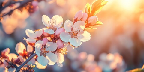Vivid pink blossoms on cherry tree branches, illuminated by sunlight at sunrise or sunset.