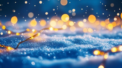Crystal blue night sky with twinkling golden lights and snowflakes falling gently.