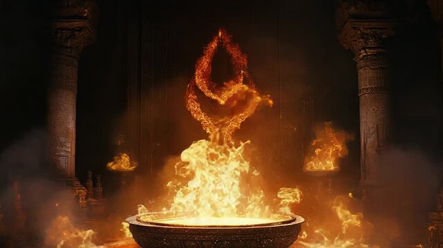 Burning symbol floating above brazier in dark temple