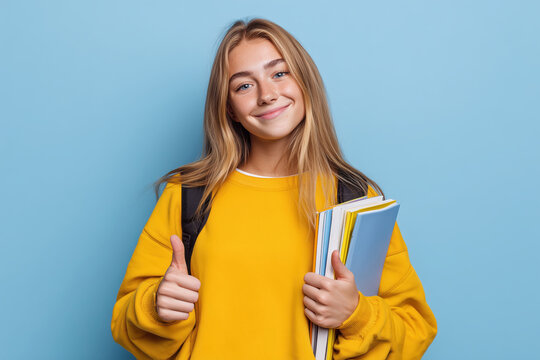 Confident teenage student wearing a yellow sweatshirt and backpack, holding notebooks and giving a thumbs-up gesture, symbolizing academic success and motivation