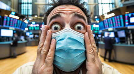 Worried businessman wearing face mask shows shock and concern in stock exchange environment, surrounded by digital screens displaying market data and trends