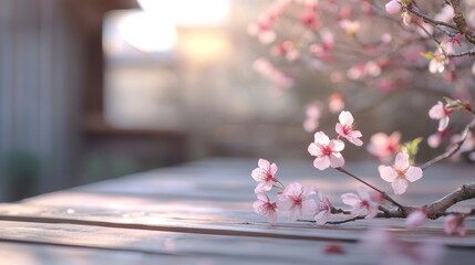 Soft focus pink blossoms against a light blue sky, with sun casting long shadows.