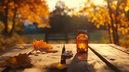 Bottle of pills on a bench at sunset in autumn season.