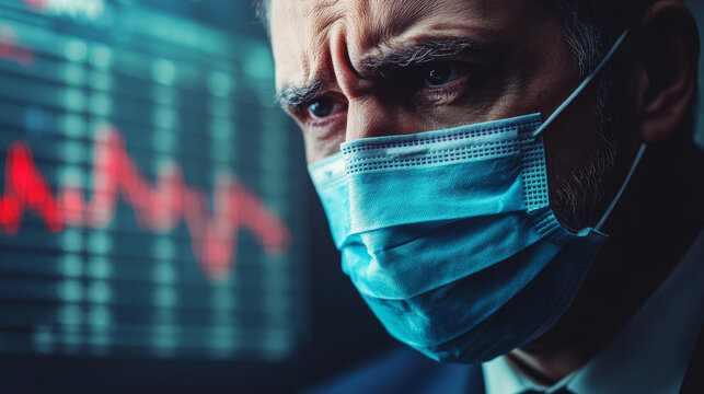 Businessman with worried expression wearing blue mask, looking at screen displaying fluctuating stock market data. atmosphere conveys tension and concern about financial trends