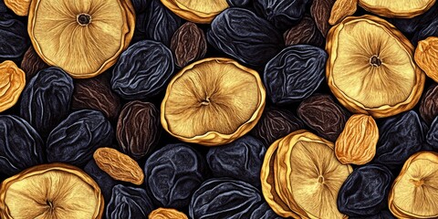 Patterned background with an array of bananas and blueberries arranged in a decorative tileable design. A colorful display suitable for food-related projects, patterns or as a vibrant backdrop.