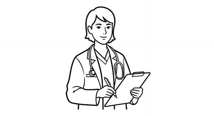 Monochrome Line Art of a Female Doctor Holding Clipboard with Stethoscope in Medical Lab Coat a Minimalist Hand Drawn Illustration for Medical Concept with Clean Design