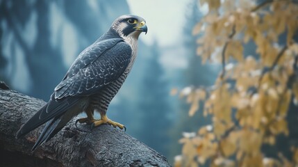 A bird of prey, likely a hawk or falcon, perches on the edge of a tree branch in a forest during autumn. The background shows misty fall foliage and a sense of depth with layers of trees.