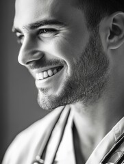 A smiling male doctor in scrubs, looking friendly and approachable.