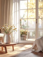 Peaceful living area with sunlit wooden floors, a comfortable couch and cozy blanket near the window, adorned by decorative flowers in a white vase and a potted plant.