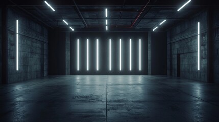 Dark lit empty space with structural features and lighting grid.