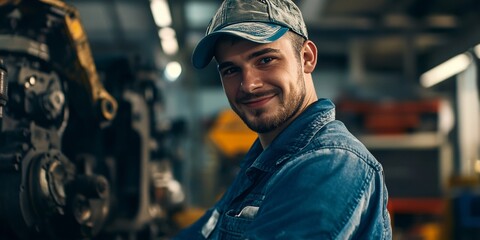 Young man wearing a cap, working on an engine in an industrial setting.
