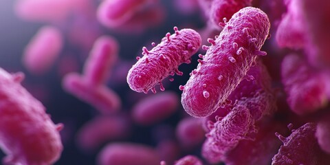 This image depicts pink bacteria in a close-up view under a microscope. These are cells that cause illnesses and can be part of an infectious disease.