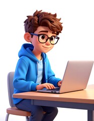 Cartoon boy in glasses working on a laptop at a desk.