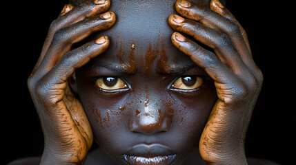 Close up of child face expressing deep emotion, with hands on head and glistening skin. background is dark, highlighting child features and feelings