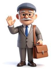 Friendly elderly cartoon businessman waves hello, carrying briefcase.
