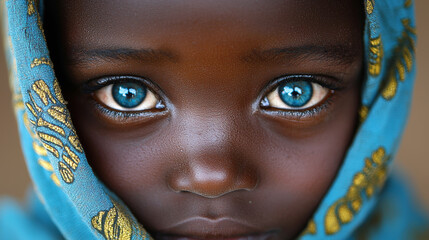 Close up of child face with striking blue eyes, framed by turquoise scarf adorned with golden patterns, conveying innocence and curiosity