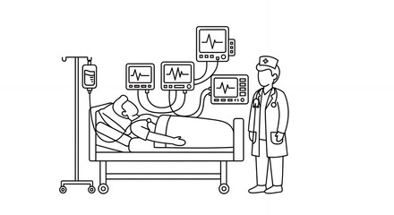 Obraz premium Monochrome Line Art of Patient in Hospital Bed with Doctor Attending and Medical Equipments Displays Doctor's Examination with Medical Machine in Clean Minimalist Style Illustration Medical Design
