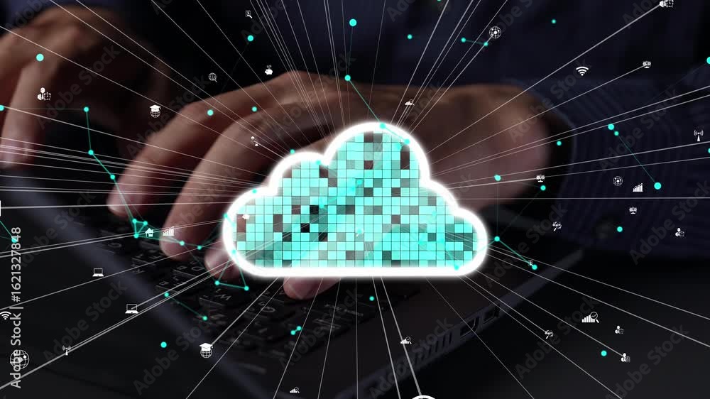 Aufkleber a conceptual image showing hands typing on a laptop with a cloud graphic and data connections, repre