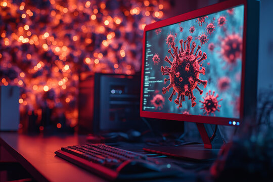Close up of computer screen displaying detailed visualization of virus, illuminated by red lighting, creating dramatic atmosphere in tech environment