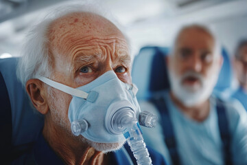 Close up of elderly man wearing medical oxygen mask on airplane, showing concern and anxiety. background features another passenger, creating tense atmosphere
