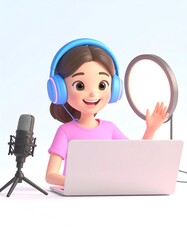 A cartoon girl waves while using a laptop, microphone, and headphones, recording.