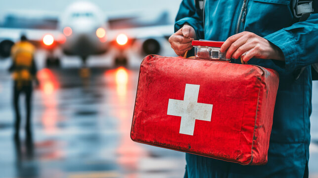Flight attendant holds red first aid kit, ready for emergencies at airport. background features airplane and wet runway, creating sense of urgency and preparedness