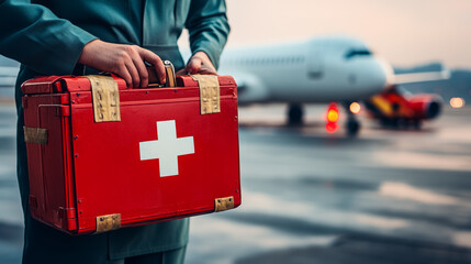 Flight attendant holds red first aid kit, symbolizing safety and preparedness in aviation. background features airplane, emphasizing importance of health in travel