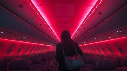 Flight attendant walks through dimly lit airplane cabin illuminated by vibrant red lights, creating modern and stylish atmosphere. scene captures essence of air travel with touch of elegance