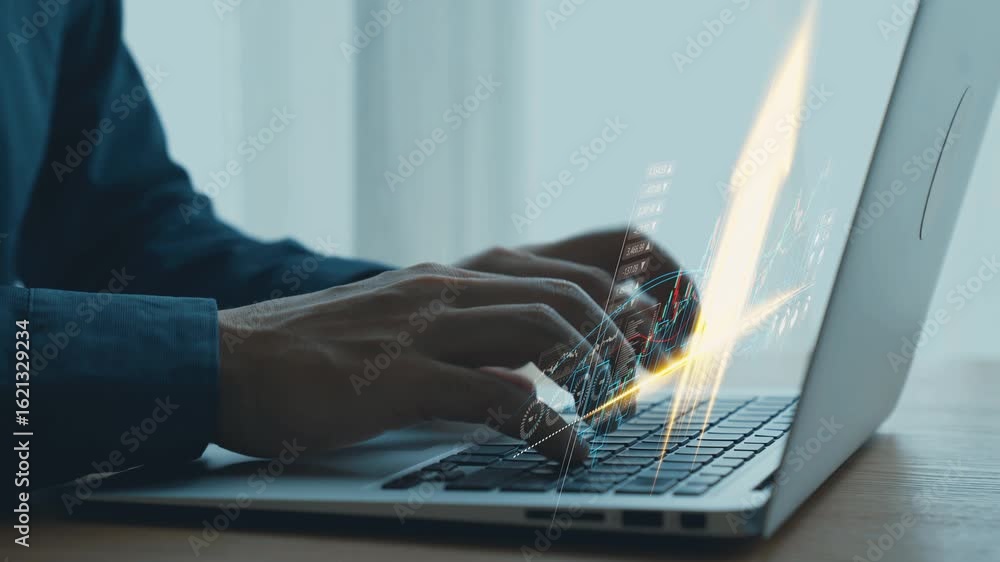 Poster close-up of hands typing on laptop with digital interface overlay capturing technology, innovation, 