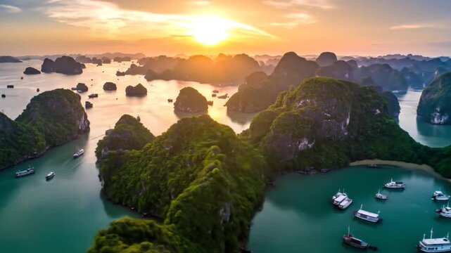 Aerial View of Halong Bay Vietnam Islands and Boats at Sunset with Golden Light and Turquoise Waters Exotic Asian Scenery and Tropical Vacation Destination
