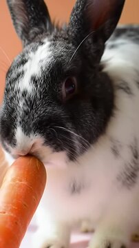 Close-Up of a Fluffy Black and White Dutch Rabbit Nibbling on a Vibrant Orange Carrot with Soft Fur and Delicate Features in Eye Level Shot and Simple Background Highlighting Its Adorable Portrait