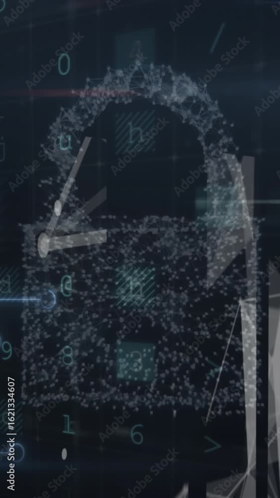 Poster animation of padlock icon over data processing on black background