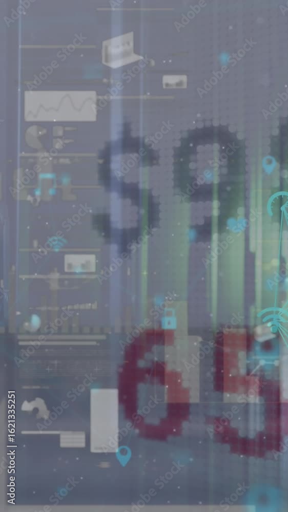 Aufkleber animation of connected icons with moving stock market data over infographic interface