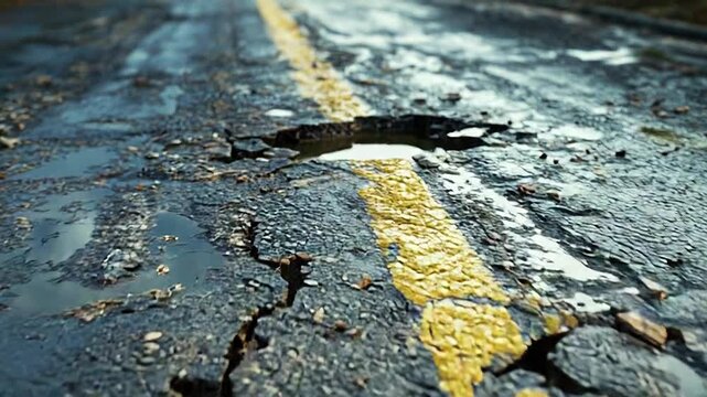 Damaged asphalt road with potholes and water reflecting sky