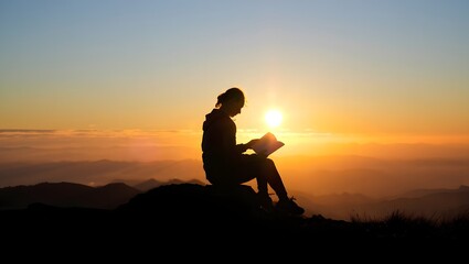 Silhouette of a person reading a book against a vibrant sunset sky